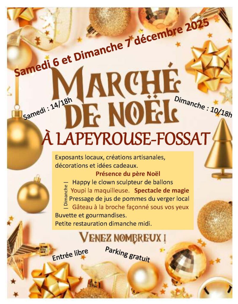 Affiche rose saumon avec de nombreuses décorations dorées (guirlande, boule de noël, rubans...). écritures reprenant l'ensemble des informations sur l'événement marché de Noël - Lapeyrouse-Fossat. 